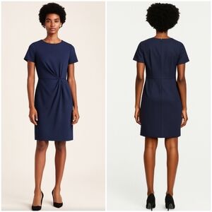 Brooks Brothers Stretch Wool Blend Knot Front Sheath Dress Short Sleeve Navy 12